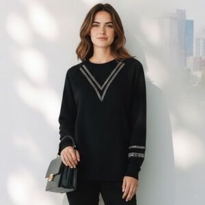 Collina Strada Black baguette crystals V-Neck Top Sweatshirt sz M Dead stock NWT